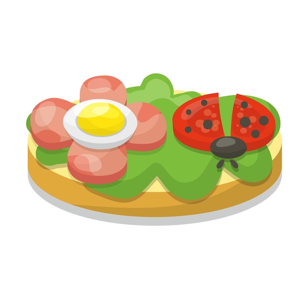 Мультфильм с тостом, авокадо, помидорами, яйцами ледибугов, дизайн векторной иллюстрации здорового завтрака.