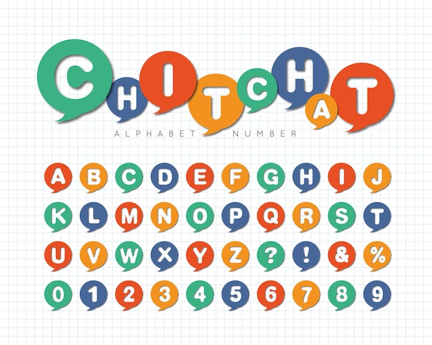 Cartoon toespraak bubble lettertype alfabet en nummer set kleurrijke dialoog typografische