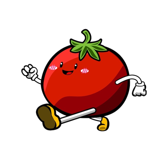 A cartoon tomato character is running and has a smile on his face.