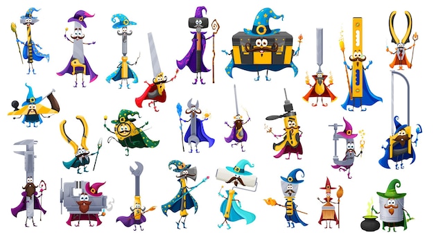 Cartoon tools wizard and warlock characters Vector wallpaper roll axe drill file or fretsaw ruler pliers jigsaw and planer vice trowel tape measure hammer or sledgehammer fantasy mages set