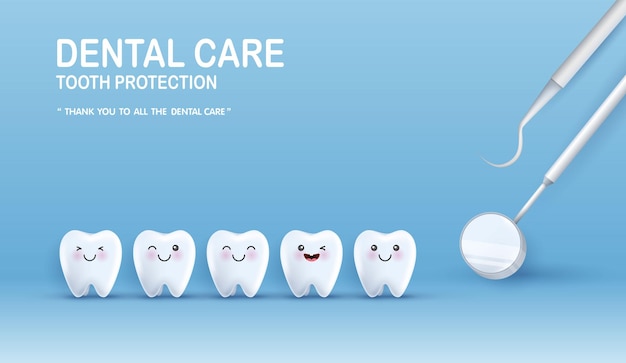 cartoon tooth character looking in dental inspection mirror healthy tooth metaphor can be used in children dentist clinic medical health and dentistry concept cartoon dental character vector