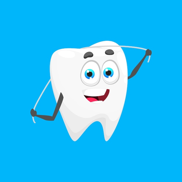 치실이 있는 만화 치아 캐릭터 구강 위생을 촉진하는 귀여운 얼굴을 가진 격리된 벡터 인물은 치실 습관을 장려하고 건강한 미소를 유지하는 것의 중요성을 강조합니다