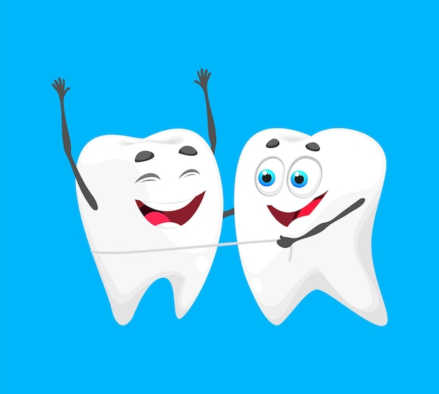 Cartoon tooth characters with dental floss oral hygiene dental care and dentistry childish vector concept with molar teeth cheerful personages or mascots enamel health funny character with floss