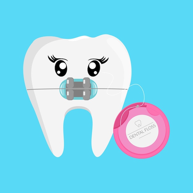 Cartoon tooth. Dental care for braces with floss.