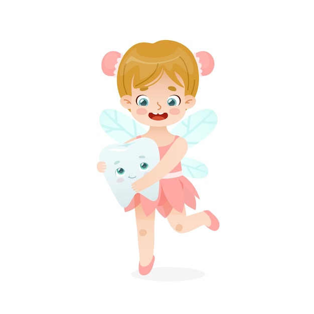 Cartoon tooth fairy baby girl Cute flying tooth fairy holding tooth with face Adorable dental mascot