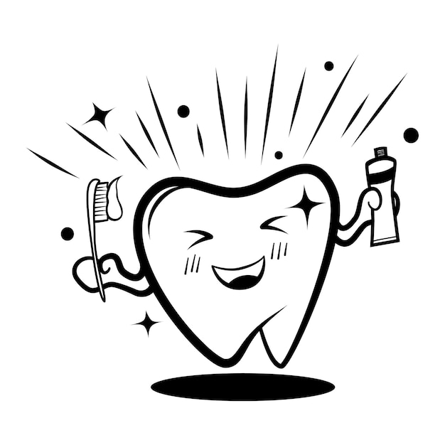 Vector cartoon tooth logo holding a toothbrush and toothpaste is bright, clean, strong, healthy teeth.