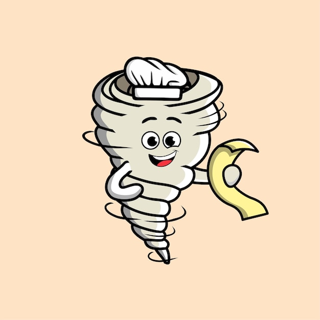 Cartoon tornado chef mascot character with menu in hand cute style design for tshirt sticker etc