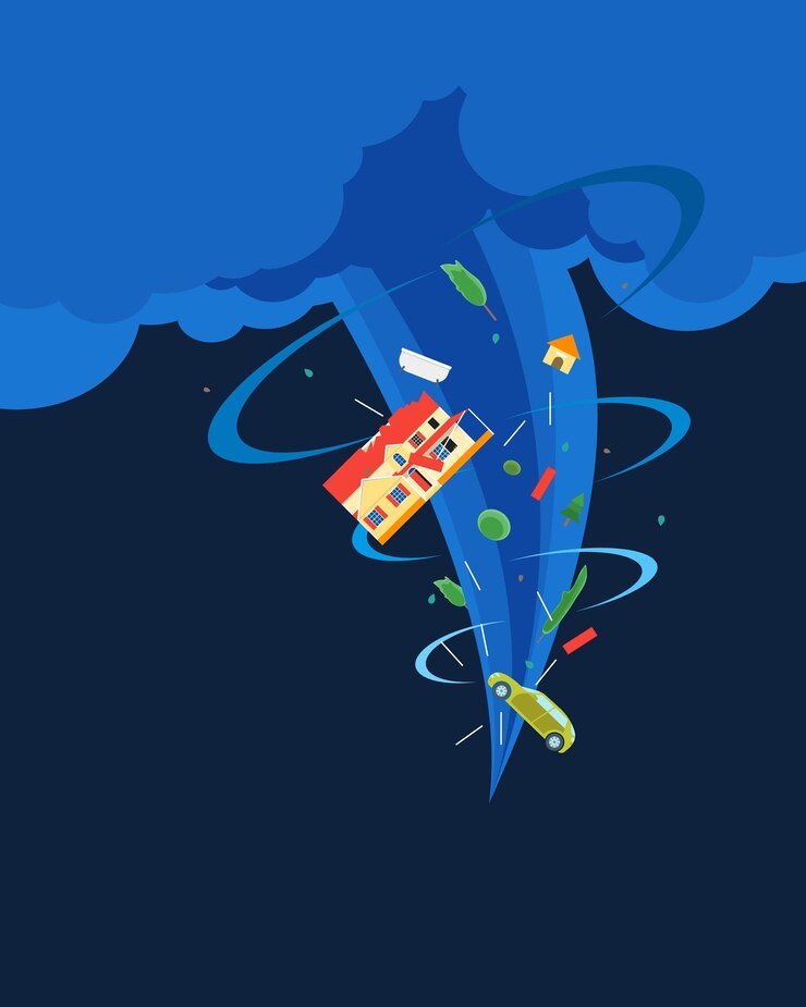 Vector cartoon tornado or hurricane destroy house card poster vector