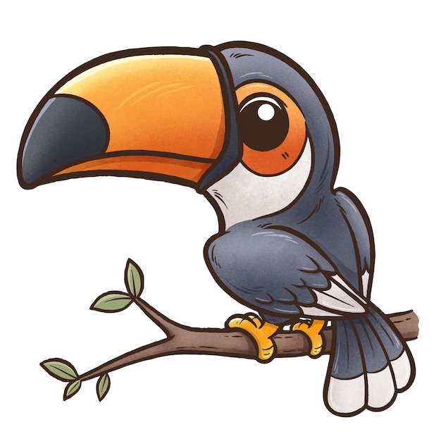 Vector a cartoon toucan sits on a branch with a green leaf on it.