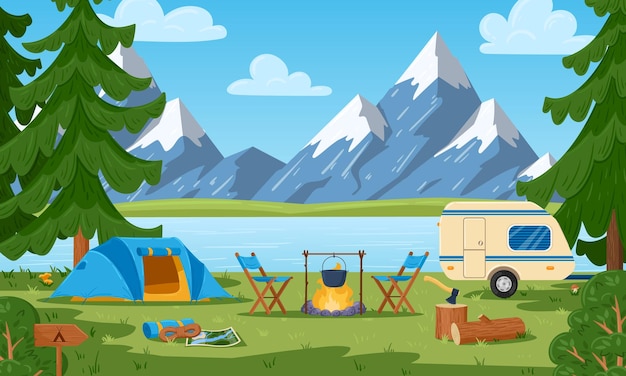 Cartoon tourist camp summer forest and mountain landscape Campfire and tent natural picnic spot vector illustration Beautiful spring view at lake