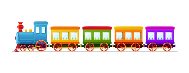 Мультфильм игрушечный поезд с цветными вагонами на белом фоне.
