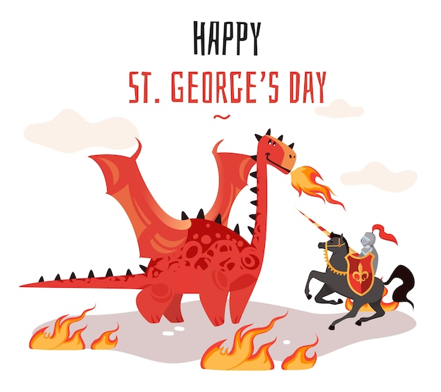 Cartoon traditie happy saint george s groene kaart met draak en middeleeuwse verhaal legende ridder