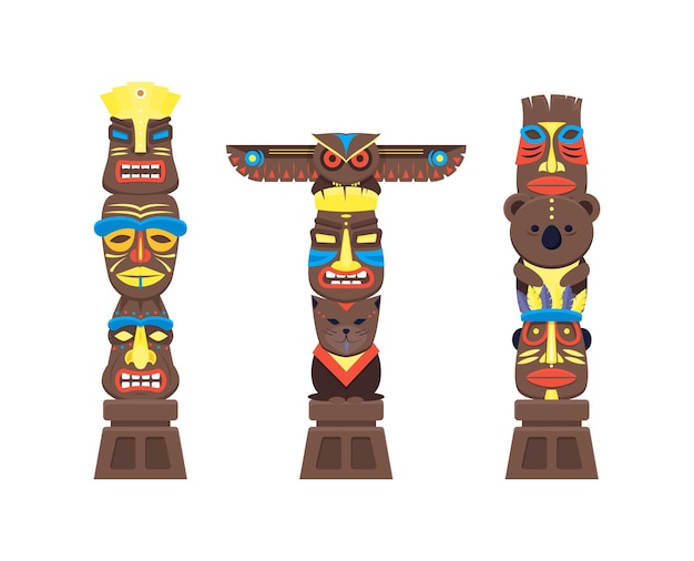 Cartoon traditionele religieuze totem kleur kolommen instellen Vector