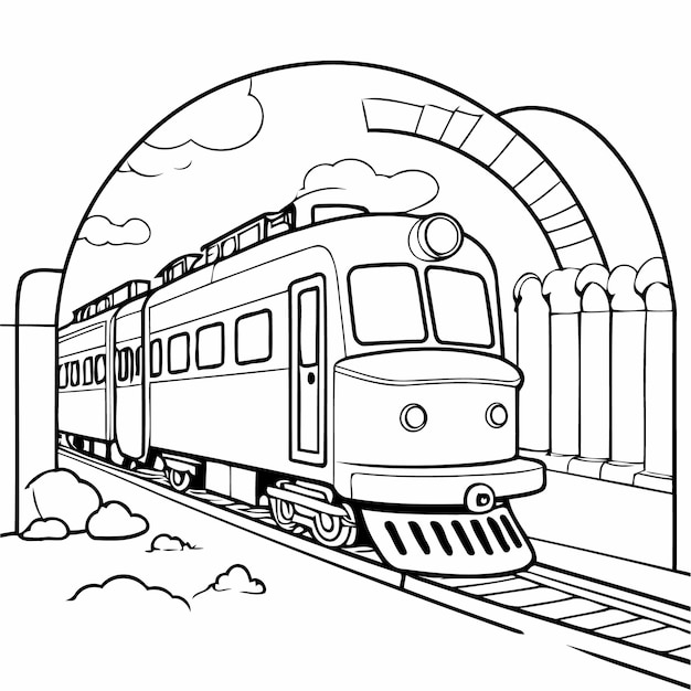 Cartoon train station doodle illustration for colouring page