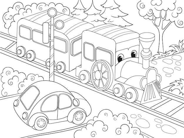 Cartoon train train and car coloring book for children cartoon vector illustration