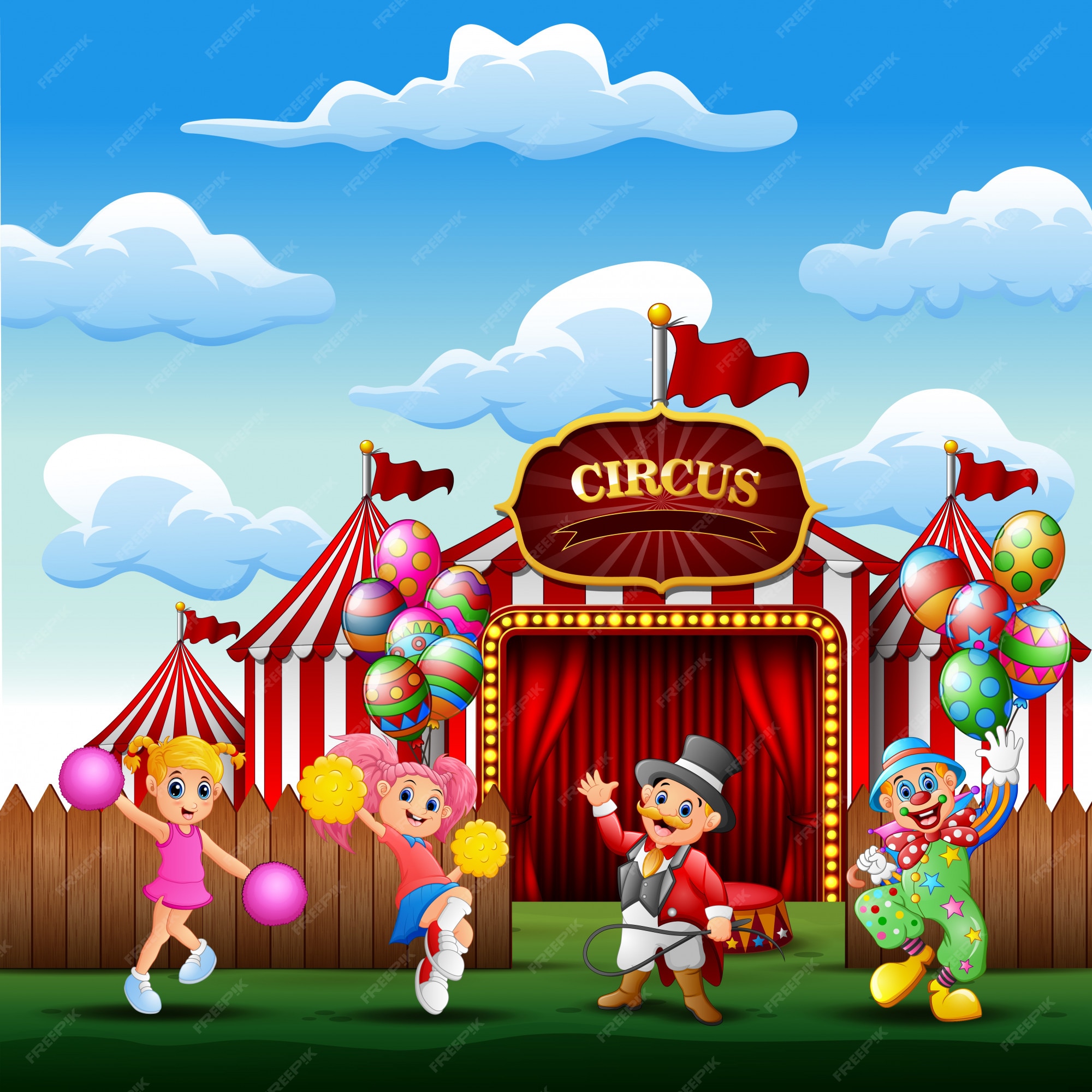 Premium Vector | Cartoon trainer, clown with a cheerleaders on the circus entrance Premium Vector | Cartoon trainer, clown with a cheerleaders on the circus entrance
