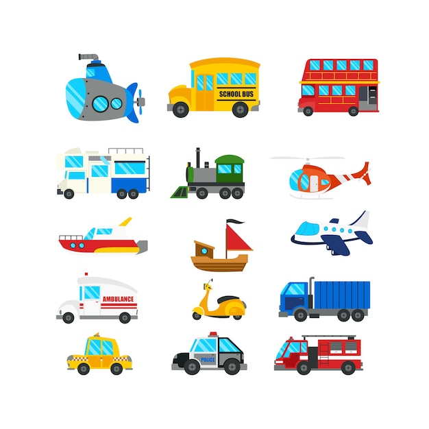 Вектор Мультяшный транспорт установлен в векторной красочной версии игрушки для детских игр автомобильная иллюстрация