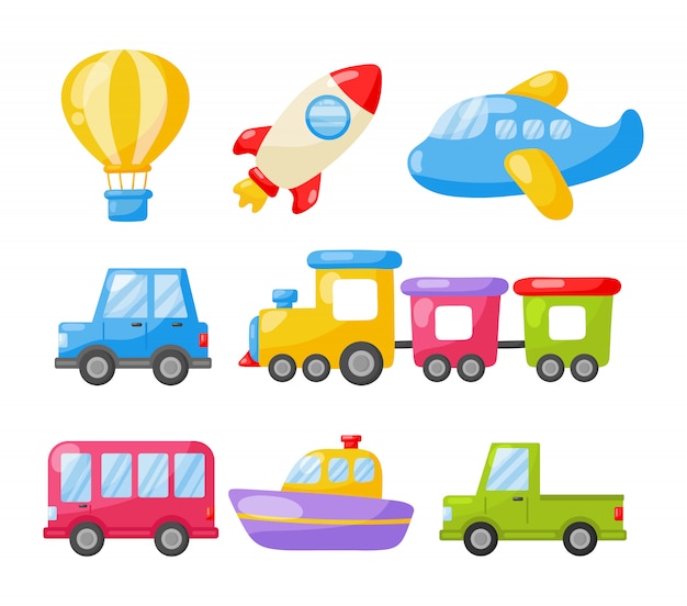 Insieme dell'icona dei giocattoli di trasporto del fumetto. automobili, barche, elicotteri, razzi, mongolfiere e aerei i