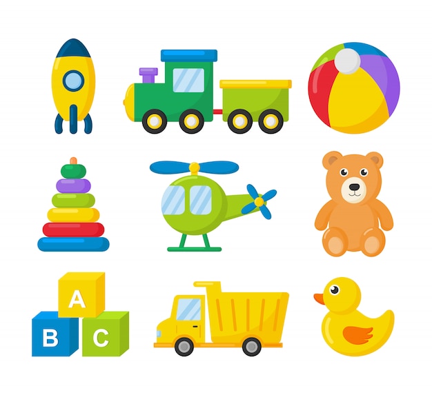 Insieme dell'icona dei giocattoli di trasporto del fumetto. automobili, elicottero, rucola, palloncino e aereo isolato su bianco.