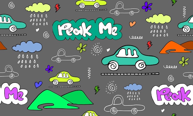 Cartoon Transportation Background for Kids with doodle Toy Cars and cloud