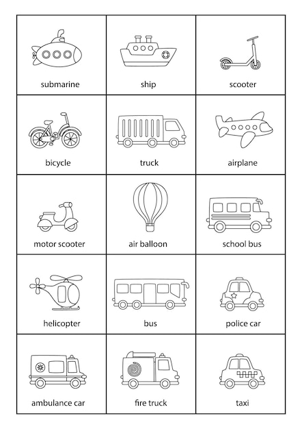 Vector cartoon transportation means with names in english.