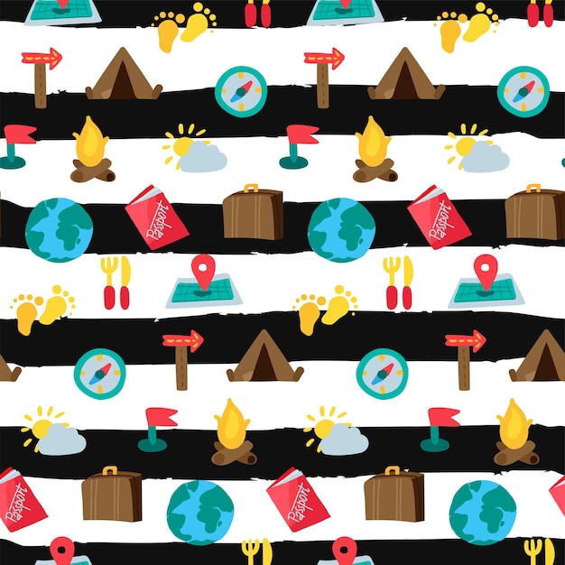 Cartoon travelling and camping seamless pattern