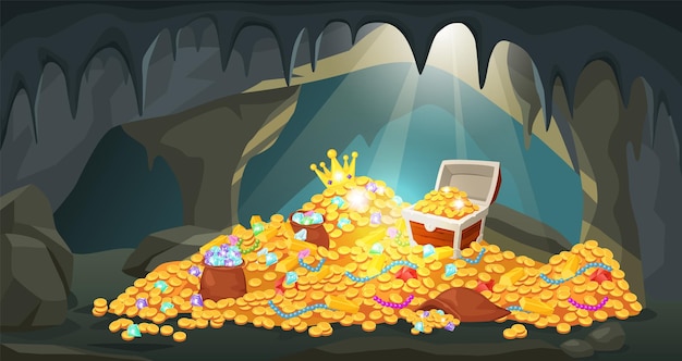 Vector cartoon treasure cave with piles of coins gold bars gems and jewels hidden ancient mine with pirate treasures and jewelry vector illustration pile gold treasure cartoon
