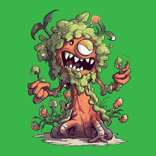 Cartoon tree monster on a green background Vector illustration