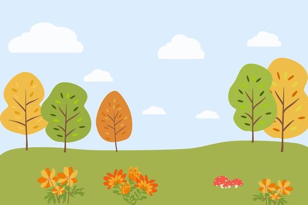 A cartoon of trees and flowers in a field