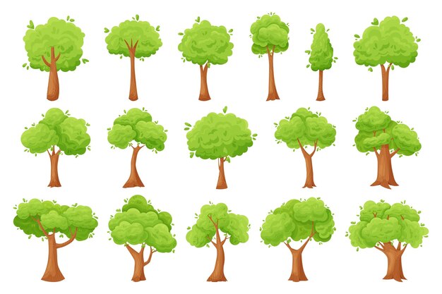 Cartoon trees Green forest park and garden vegetation comic wood environment and country landscape elements Vector set