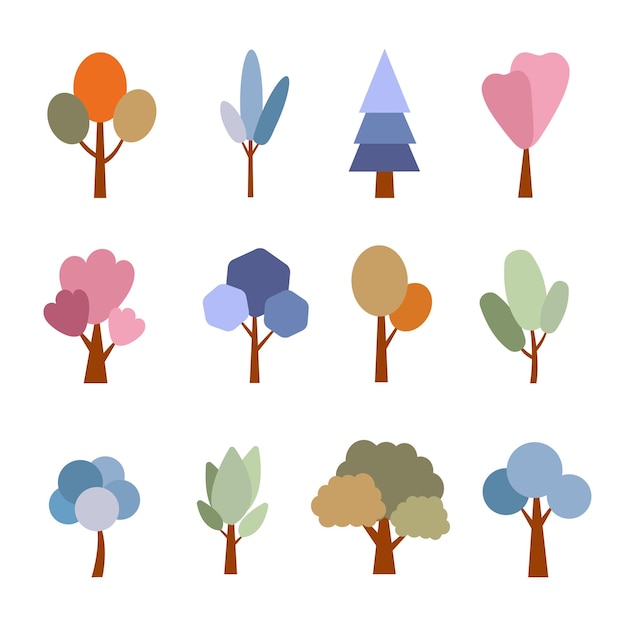 Cartoon trees icons collection flat design in retro style