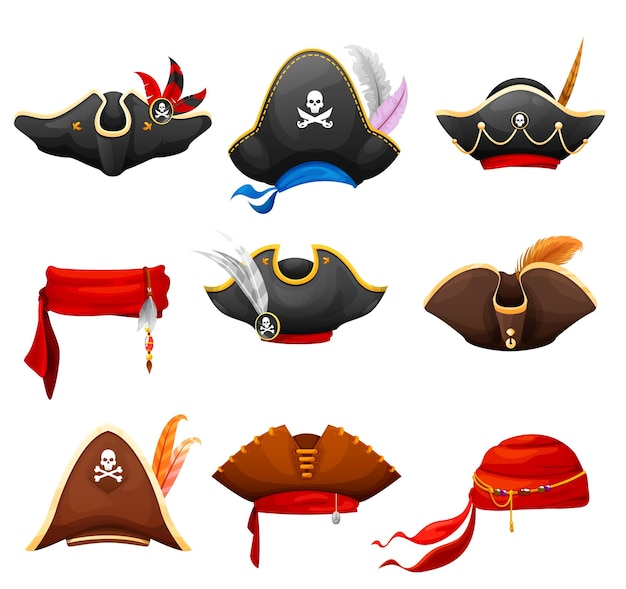 Cartoon tricorn bandana en piraat gespannen hoeden