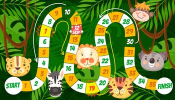 cartoon tropical animals kids board game or maze. start to finish dice boardgame, roll and move puzzle or riddle on jungle forest background with lion, tiger and monkey, zebra, jaguar and koala