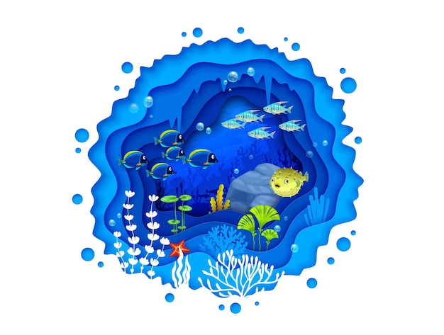 Cartoon tropical fish shoal and puffer fish sea paper cut underwater landscape 3d vector background with colorful and playful undersea world evokes a sense of serenity and tranquility of marine life