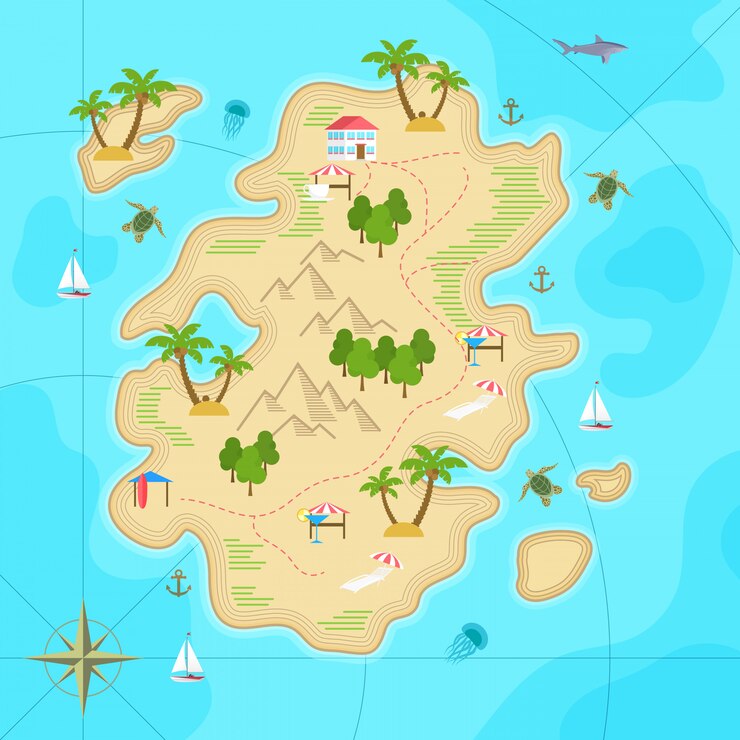 Vector cartoon tropical island in ocean