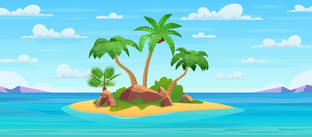 Cartoon tropical island with palm trees. Island in ocean.