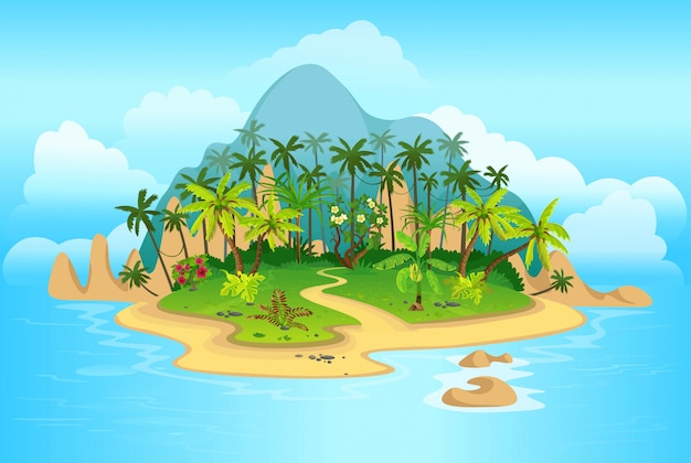 Vector cartoon tropical island with palm trees. mountains, blue ocean, flowers and vines.  illustration