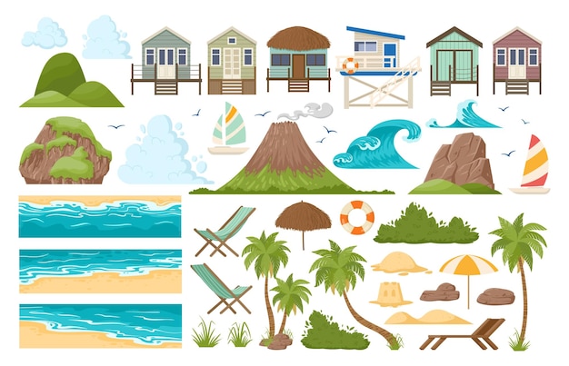 Cartoon tropisch zandstrand en zee landschap constructor platte vector illustraties set