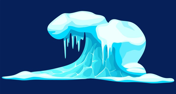 Vector cartoon tsunami sea storm cloud ice in winter frozen water ocean high wave in north ice age
