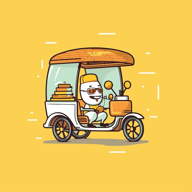 Vector cartoon tuk tuk taxi driver vector illustration on yellow background