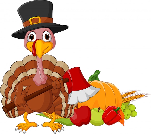 Vector cartoon turkey holding axe with harvest cornucopia collection