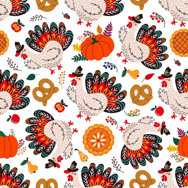 Cartoon turkey and various thanksgiving celebration food forming seamless pattern on white background