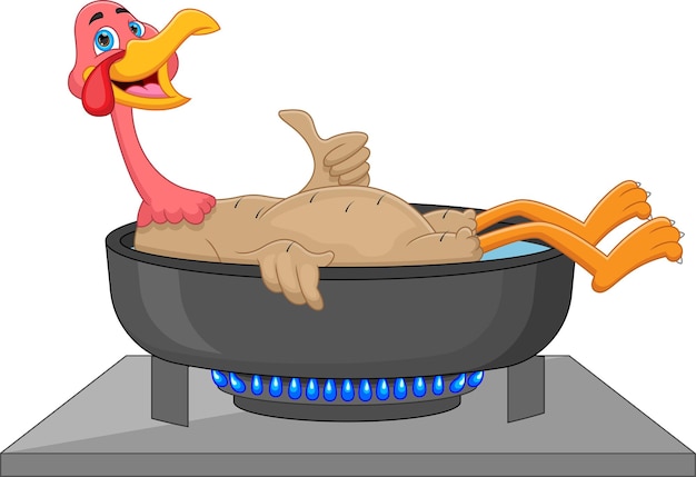 Cartoon turkey waving on the cooking pot