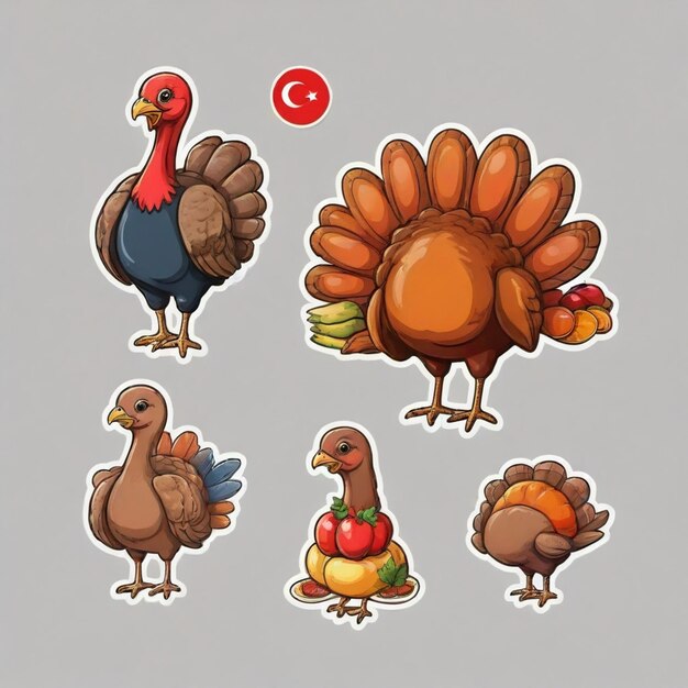 Vector a cartoon of turkeys apples and a red button