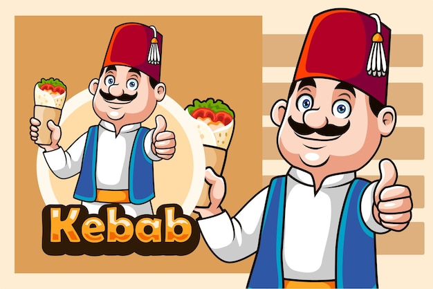 Vector cartoon turkish man holding doner kebab giving thumb up