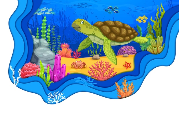 Cartoon turtle and corals underwater paper cut