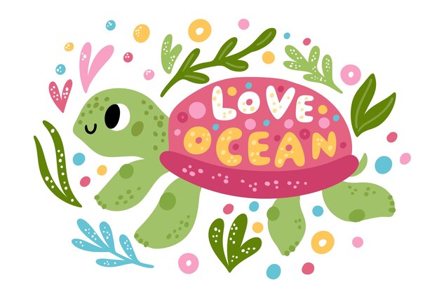 Cartoon turtle poster funny ocean animal seaweeds and air\
bubbles water reptile with shell marine underwater life swimming\
tortoise sea ecology and environment vector concept