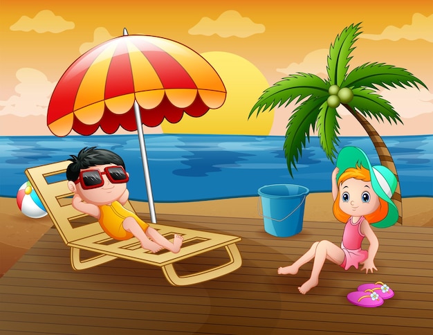 Cartoon twee tieners op vakantie op tropisch strand