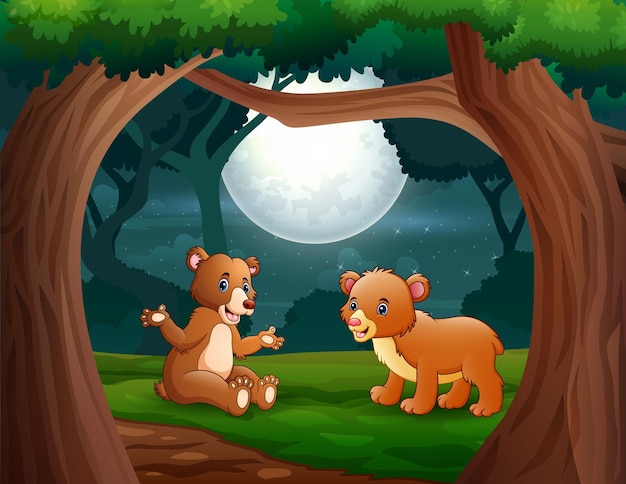 Cartoon two bears in the jungle at night illustration