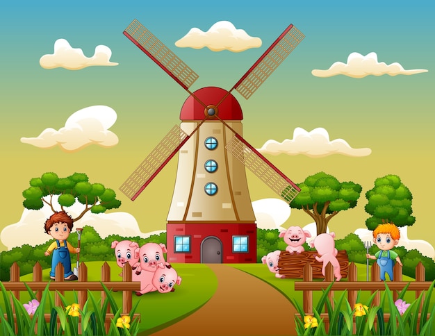 漫画の2人の少年は、風車の建物の背景に豚を群れされています